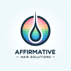 logo for Affirmative Hair Solutions. The design includes a minimalist hair transplant illustration with subtle 16.36.42 300x300