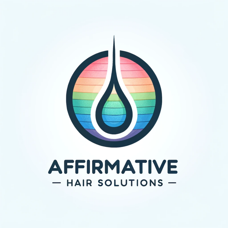 logo for Affirmative Hair Solutions. The design includes a minimalist hair transplant illustration with subtle 16.36.42 768x768